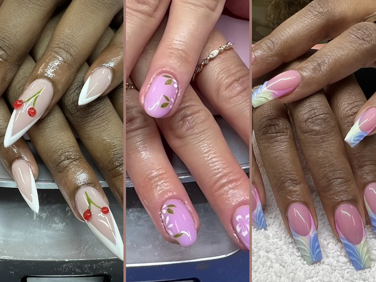 Manicured nails with glossy polish and clean shaping.
