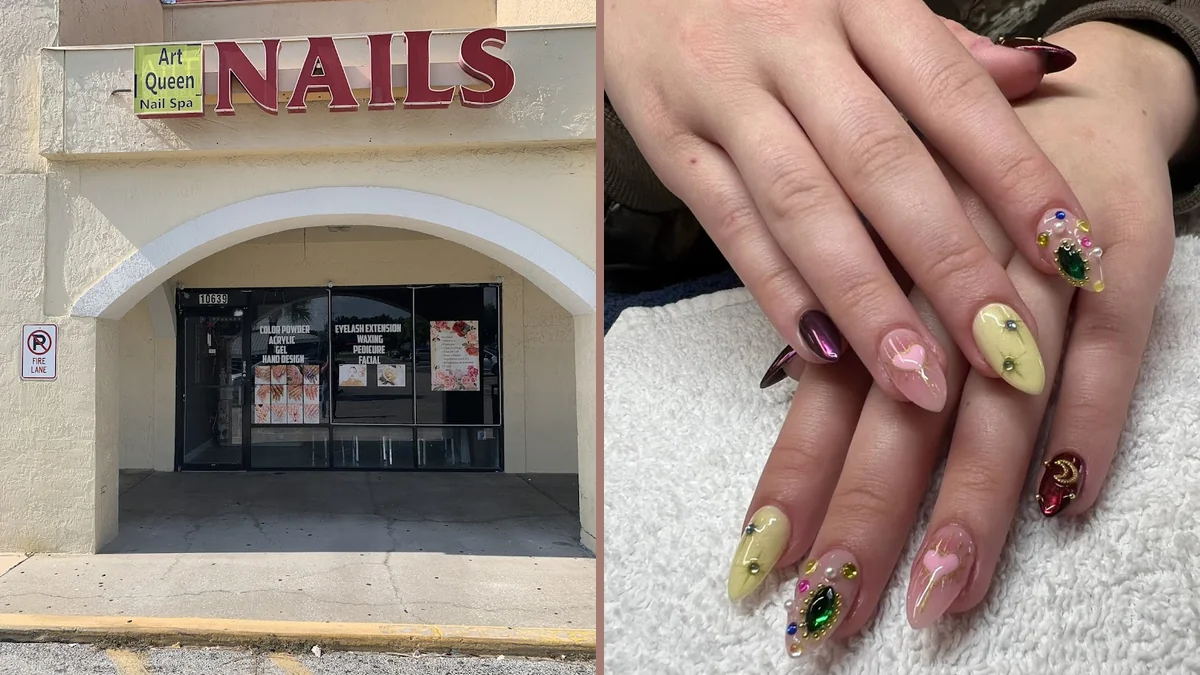 Nail art display in a bright salon setting.